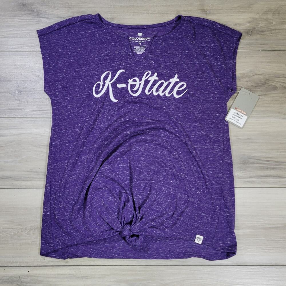 K-State Wildcats T-Shirt Women's Medium Purple Colosseum V-Notch The Front New